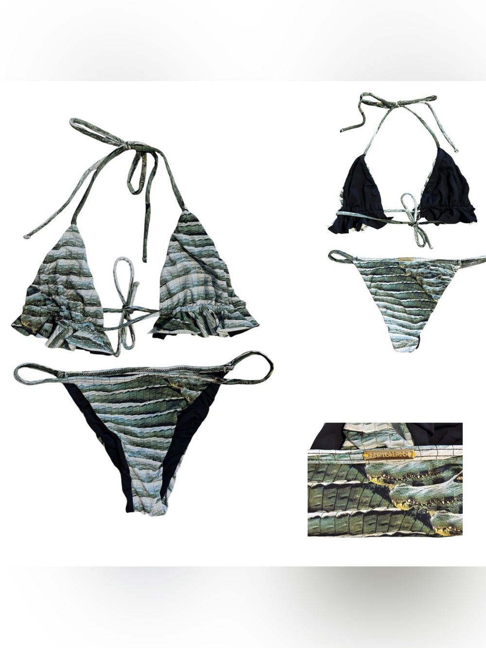 San Lorenzo Green Crocodile Striped Ruffle String Bikini